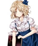  1girl alice_margatroid alice_margatroid_(pc-98) blonde_hair book bow grimoire hair_bow hair_ornament kozou_(soumuden) looking_at_viewer puffy_sleeves shirt short_hair short_sleeves simple_background skirt solo sweatdrop touhou touhou_(pc-98) white_background white_shirt yellow_eyes younger 