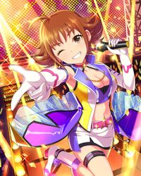  1girl ahoge artist_request belt breasts brown_eyes brown_hair cleavage crop_top earrings elbow_gloves eyelashes gloves grin idolmaster idolmaster_cinderella_girls jewelry microphone midriff nishijima_kai official_art pointing short_hair smile wink wireless 