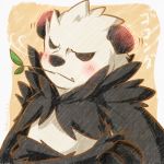  blush branch crossed_arms fang hacko leaf mouth_hold no_humans panda pangoro pokemon pokemon_(creature) tsundere 