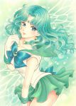  1girl aqua_eyes aqua_hair bishoujo_senshi_sailor_moon bow choker earrings gloves green green_background green_skirt jewelry jyan_borii kaiou_michiru long_hair magical_girl ribbon sailor_collar sailor_neptune skirt smile solo tiara 