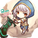 1girl alternate_costume armor brown_eyes chibi frown holding_weapon hood league_of_legends looking_to_the_side lowres momoko_(momopoco) riven_(league_of_legends) short_hair solo white_hair 
