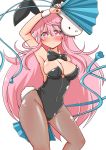  1girl animal_ears bare_shoulders black_legwear blush bowtie breasts bunny_girl bunny_tail bunnysuit cleavage detached_collar fan folding_fan hata_no_kokoro highres large_breasts long_hair looking_at_viewer mask pantyhose pink_eyes pink_hair rabbit_ears rindou_(p41neko) simple_background solo tail touhou white_background wrist_cuffs 