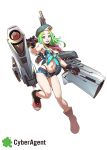  1girl ankle_boots belt_buckle beret bikini_under_clothes black_gloves boots breasts character_request copyright_request dual_wielding front-tie_top gloves green_eyes green_hair gun hat highres huge_weapon navel necktie short_shorts shorts tomoyuki_kotani weapon 