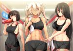  3girls black_hair blonde_hair bottle breasts brown_hair dark_skin glasses hyuuga_(kantai_collection) kantai_collection kichi8 long_hair multiple_girls musashi_(kantai_collection) nagato_(kantai_collection) no_headwear personification red_eyes sarashi short_hair towel twintails water_bottle 