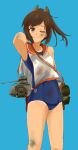  1girl bare_shoulders brown_eyes brown_hair highres i-401_(kantai_collection) kaipankun kantai_collection looking_at_viewer one-piece_swimsuit personification ponytail school_swimsuit school_uniform short_hair short_ponytail simple_background smile solo swimsuit tan wink 