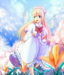 1girl barefoot blonde_hair blue_eyes blue_sky bow capelet cherry_blossoms clouds facing_away flower grass hat leg_up lily_white long_hair open_mouth outdoors petals skirt skirt_lift sky solo touhou tree wendell wings 