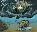  bubble cameo closed_eyes commentary glowing glowing_eyes no_humans ocean omanyte pokemon pokemon_(game) rock scuba_gear seaweed shell sleeping spikes staryu tentacles thought_bubble thunder twitch_plays_pokemon underwear wingull yellow_eyes 