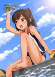  1girl bare_shoulders blue_sky blush brown_eyes brown_hair clouds i-401_(kantai_collection) kantai_collection one-piece_swimsuit open_mouth personification ponytail sailor_collar school_swimsuit seaplane short_hair short_ponytail sitting sky solo suke_(momijigari) swimsuit swimsuit_under_clothes water 