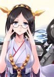  1girl adjusting_glasses bare_shoulders black-framed_glasses black_hair blue_eyes blush breasts cannon detached_sleeves glasses hairband highres japanese_clothes kantai_collection kirishima_(kantai_collection) nontraditional_miko open_mouth personification semi-rimless_glasses short_hair turret water yumezakura_yumemi 