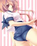  1girl ass back blush breasts i-58_(kantai_collection) kantai_collection light_brown_hair looking_back moyasi_onna open_mouth personification red_eyes school_swimsuit school_uniform serafuku short_hair swimsuit swimsuit_under_clothes torpedo 