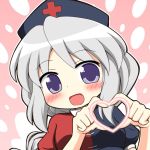  1girl braid commentary_request hat heart heart_hands looking_at_viewer moe_moe_kyun! nurse_cap open_mouth pink_background puffy_sleeves shinshiusa shirt short_sleeves silver_hair smile solo touhou violet_eyes yagokoro_eirin 