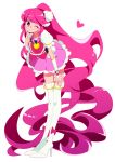  1girl aino_megumi boots cure_lovely hair_ornament happinesscharge_precure! heart karabako long_hair magical_girl pink_eyes pink_hair ponytail precure smile solo thighhighs wink 