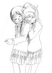  2girls ayase_eli black_hair blush bow hug hug_from_behind love_live!_school_idol_project monochrome multiple_girls ponytail school_uniform sketch skirt smile tamagogogo toujou_nozomi twintails wavy_mouth yuri 