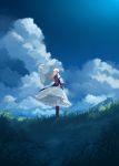  1girl blonde_hair blue_sky clouds dress garnet grass highres juliet_sleeves long_hair long_sleeves parasol puffy_sleeves sky solo tabard touhou umbrella upskirt white_dress yakumo_yukari 