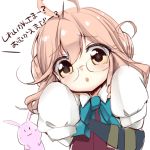  1girl blush glasses kantai_collection long_hair lowres makigumo_(kantai_collection) open_mouth personification pink_hair rabbit ribbon school_uniform sleeves_past_wrists twintails vest yellow_eyes yuncha 
