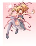  1girl adapted_costume bare_shoulders black_legwear blonde_hair hair_ribbon nekotama_shun open_mouth outstretched_arms red_eyes ribbon rumia solo touhou tubetop twintails 