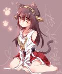  1girl animal_ears ayakashi_(monkeypanch) bare_shoulders barefoot black_hair brown_eyes cat_ears detached_sleeves hairband haruna_(kantai_collection) highres japanese_clothes kantai_collection kemonomimi_mode long_hair paw_print personification sitting solo tail wariza 