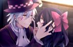  1boy 1girl ayazuki_mei bow charlie_(meiji_tokyo_renka) formal hair_bow hat highres ichinose_yukino long_hair meiji_tokyo_renka monocle purple_hair ribbon short_hair silver_hair suit tears top_hat yellow_eyes 