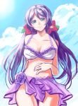  1girl bikini green_eyes highres konya_(chocolate_palette) long_hair love_live!_school_idol_project purple_hair sarong swimsuit toujou_nozomi twintails 