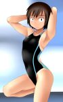  1girl arms_up black_eyes brown_hair competition_swimsuit one-piece_swimsuit original short_hair swimsuit tanaka_rikimaru 