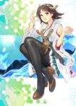  1girl bare_shoulders black_legwear blue_eyes brown_hair detached_sleeves haineru hairband headgear hiei_(kantai_collection) japanese_clothes kantai_collection nontraditional_miko open_mouth pantyhose personification plaid short_hair skirt smile solo thighhighs water 