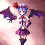  1girl alternate_costume bare_shoulders bat bat_wings blue_hair bow brooch elbow_gloves garter_straps gloves hat hat_ribbon jewelry looking_at_viewer midriff mob_cap navel outstretched_arm outstretched_hand pleated_skirt purple_gloves purple_legwear red_eyes remilia_scarlet ribbon shirt skirt sleeveless sleeveless_shirt solo sumapan thighhighs touhou wings zettai_ryouiki 