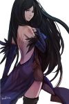 1girl artist_name backless bare_back black_hair black_legwear blue_eyes bridal_gauntlets castlevania castlevania:_order_of_ecclesia dress elbow_gloves gloves hand_on_own_chest highres lips long_hair looking_back shanoa solo standing swd3e2 tattoo thighhighs very_long_hair 