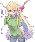  1girl alternate_costume bespectacled blonde_hair bow contemporary fang glasses hair_bow hidori_(hibi_toridori) horns ibuki_suika jeans long_hair looking_at_viewer open_mouth red-framed_glasses red_eyes ribbed_sweater rough smile solo sweater touhou translation_request very_long_hair 