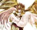  1boy 1girl 2013 amiko armor artist_name barefoot brown_hair carrying choker couple dated dress green_eyes kido_saori long_hair orange_eyes pegasus_seiya pink_hair princess_carry saint_seiya short_hair smile white_dress 