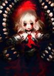  1girl ascot blood blood_on_face bloody_clothes chain creepy darkness fangs hair_ribbon highres looking_at_viewer open_mouth outstretched_arms red_eyes ribbon rumia shirt silver_hair skirt skirt_set solo spark621 touhou vest 