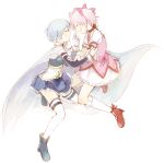  2girls armband blue_hair bow cape closed_eyes gloves grin hair_bow hand_on_another&#039;s_face kaname_madoka magical_girl mahou_shoujo_madoka_magica miki_sayaka multiple_girls open_mouth pink_hair short_hair short_twintails simple_background smile soul_gem thighhighs twintails white_background zettai_ryouiki 