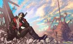  1boy black_hair boots dante dmc:_devil_may_cry fingerless_gloves gloves graveyard gun highlights highres jacket jewelry multicolored_hair necklace pistol red_eyes rubble short_hair sitting skull tomoyuki_kotani weapon 