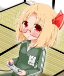  1girl :&lt; ahoge bespectacled blonde_hair character_name controller game_controller glasses hair_ribbon indoors koji_(kohei66) looking_at_viewer red_eyes ribbon rubber_band rumia semi-rimless_glasses short_hair solo tatami touhou track_suit triangle_mouth under-rim_glasses 