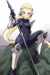  1girl blonde_hair bodysuit diana_(league_of_legends) facial_mark forehead_mark highres league_of_legends long_hair looking_at_viewer nam_(valckiry) shin_guards sitting solo sword violet_eyes weapon 