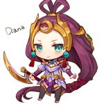  1girl alternate_costume alternate_hair_color blue_eyes blush chibi diana_(league_of_legends) dress holding_weapon league_of_legends long_hair lowres momoko_(momopoco) purple_hair simple_background smile solo text white_background 