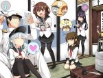  4girls admiral_(kantai_collection) akatsuki_(kantai_collection) black_hair brown_eyes brown_hair hair_ornament hako_roku hat heart hibiki_(kantai_collection) ikazuchi_(kantai_collection) inazuma_(kantai_collection) kantai_collection long_hair multiple_girls open_mouth pantyhose personification school_uniform serafuku short_hair silver_hair sitting sitting_on_lap sitting_on_person skirt smile spoken_heart thighhighs 