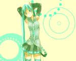  1girl aqua_eyes aqua_hair arms_behind_back arms_up belt detached_sleeves expressionless hatsune_miku head_tilt iko_(i-my-16) long_hair looking_at_viewer necktie skirt sleeveless sleeveless_shirt solo thighhighs twintails very_long_hair vocaloid 