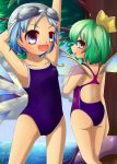  :d :o arms_behind_head arms_up ass blade_of_grass blue_eyes blue_hair bow cirno clouds cloudy_sky coast daiyousei fairy fairy_wings goggles goggles_on_head green_eyes green_hair hair_bow highres ice ice_wings kakiikada looking_at_viewer looking_back one-piece_swimsuit open_mouth side_ponytail sky smile swim_cap swimsuit touhou tree wings 
