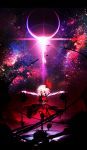  1girl ascot blonde_hair darkness eclipse glowing glowing_eye hair_ribbon highres isami-san looking_at_viewer night open_mouth outstretched_arms red_eyes ribbon rumia shirt skirt skirt_set sky smile solo star_(sky) starry_sky touhou vest 