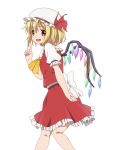  1girl 40cabbage ascot blonde_hair blush flandre_scarlet hat open_mouth red_eyes ribbon short_hair side_ponytail simple_background skirt smile solo touhou v white_background wings 