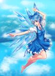  1girl absurdres arm_above_head blue_clothes blue_eyes blue_hair bow cirno clouds flying hair_bow highres ice ice_wings open_mouth outstretched_arm short_hair short_sleeves sky smile snowflakes solo sparkle touhou wings ytoy 
