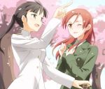  2girls black_eyes black_hair brown_eyes cherry_blossoms eyepatch eyepatch_removed kisetsu long_hair minna-dietlinde_wilcke multiple_girls pointing ponytail redhead sakamoto_mio smile spring strike_witches tree uniform 