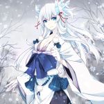  1girl blue_eyes breasts cleavage hair_ornament japanese_clothes merlusa original ribbon snow solo white_hair 