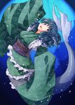  1girl blue_eyes blue_hair floral_print fue_(fuef) head_fins japanese_clothes kimono long_sleeves looking_at_viewer mermaid monster_girl obi open_mouth sash smile solo touhou underwater wakasagihime wide_sleeves 