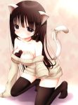  1girl animal_ears aririn arm_support black_eyes black_hair blush breasts cat_ears cat_tail chocolate cleavage foreshortening heart kneeling large_breasts long_hair no_pants off_shoulder original ribbon sleeves_past_wrists solo tail tail_ribbon thighhighs whipped_cream 