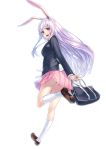  1girl animal_ears blazer bunny_tail kyon_(fuuran) loafers long_hair looking_at_viewer open_mouth purple_hair rabbit_ears red_eyes reisen_udongein_inaba shoes simple_background skirt smile solo tail touhou white_background white_legwear 