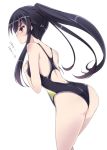  1girl ass black_hair blush kantai_collection long_hair mutou_kurihito one-piece_swimsuit personification ponytail red_eyes simple_background solo swimsuit translation_request white_background yahagi_(kantai_collection) 