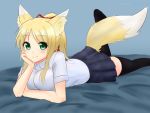  1girl absurdres animal_ears blonde_hair blush breasts contemporary dog_days fox_ears fox_tail green_eyes hand_on_head happy highres long_hair looking_at_viewer nao_(ritsancrossover) school_uniform skirt solo tail thighhighs yukikaze_panettone zettai_ryouiki 
