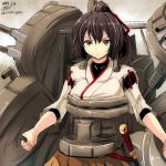  1girl armor blush bow breasts brown_eyes brown_hair cannon gin&#039;ichi_(akacia) hair_bow hair_ribbon highres ise_(kantai_collection) japanese_clothes kantai_collection katana long_hair personification ponytail ribbon skirt smile solo sword turret weapon 