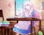  1girl book cup dress hoshiyui_tsukino jewelry kagerou_project key kozakura_mary leaf long_hair necklace petals silver_hair violet_eyes 